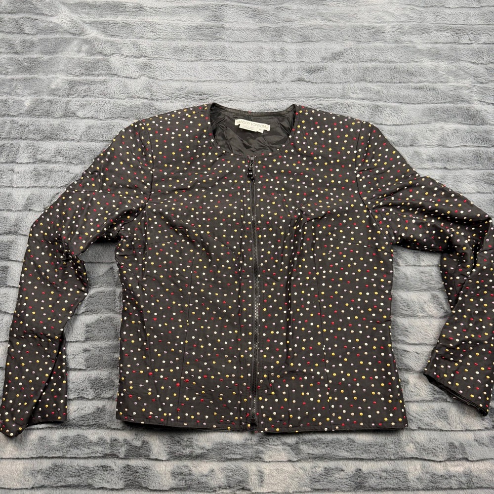 Maggy London Silk Jacket Womens 14 Black Multi Color Polka Dot Zip Up Collarless